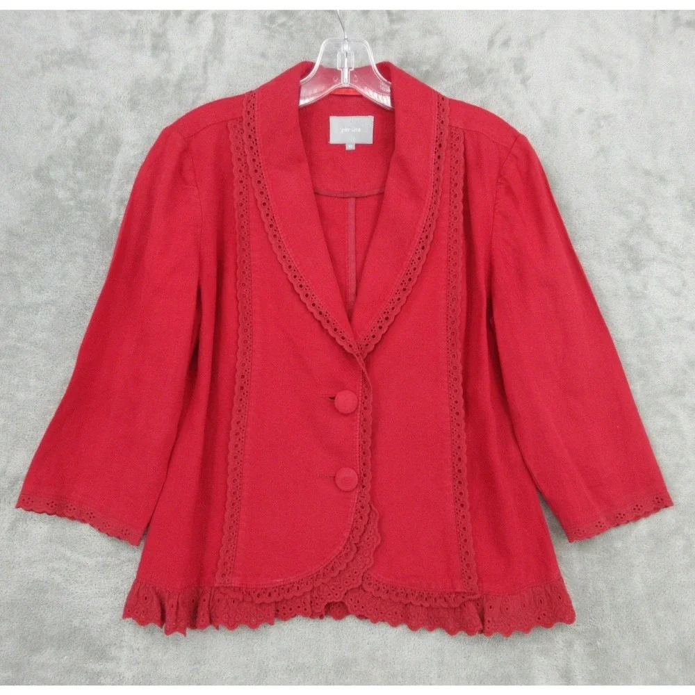 Per Una Jacket‎ Womens 10 Linen Eyelet Lace Trim Ruffle Blazer Office Career Red
